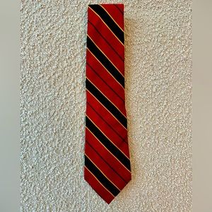 Polo by Ralph Lauren red, green, and gold striped tie. 100% silk. Made in Italy.